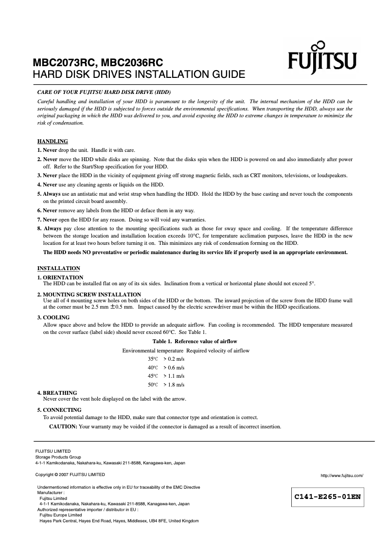 Page 1 de la notice Manuel utilisateur Fujitsu MBC2073RC