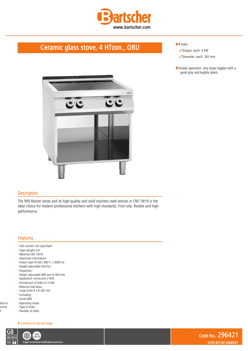 Página 1 del manual Ficha técnica Bartscher 296421