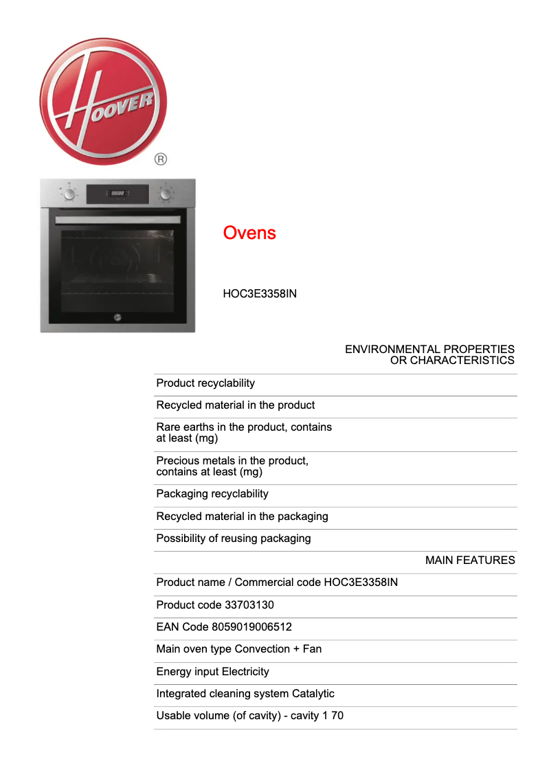 Página 1 del manual Ficha técnica Hoover H-OVEN 300 HOC3E3358IN