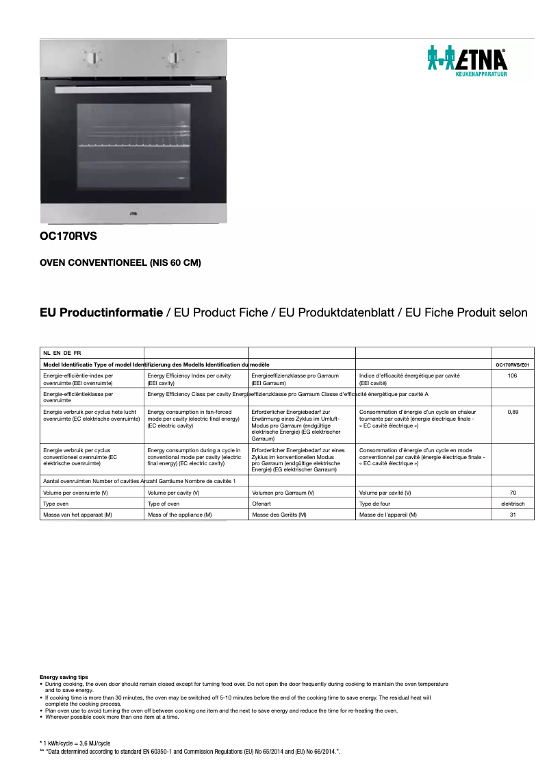 Page 1 de la notice Fiche technique Etna OC170RVS
