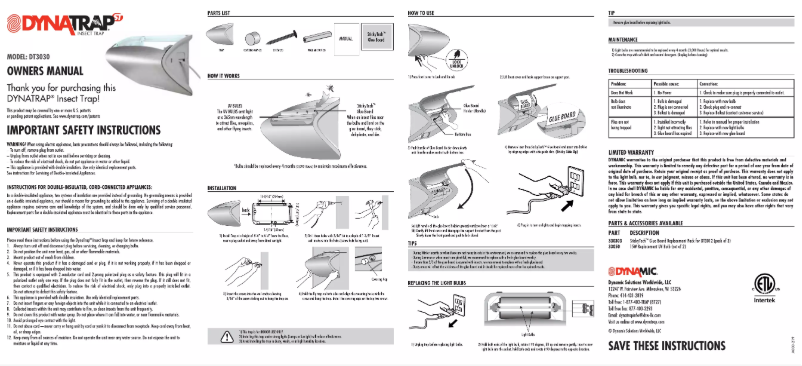 Page 1 de la notice Manuel utilisateur Dynatrap DT3030