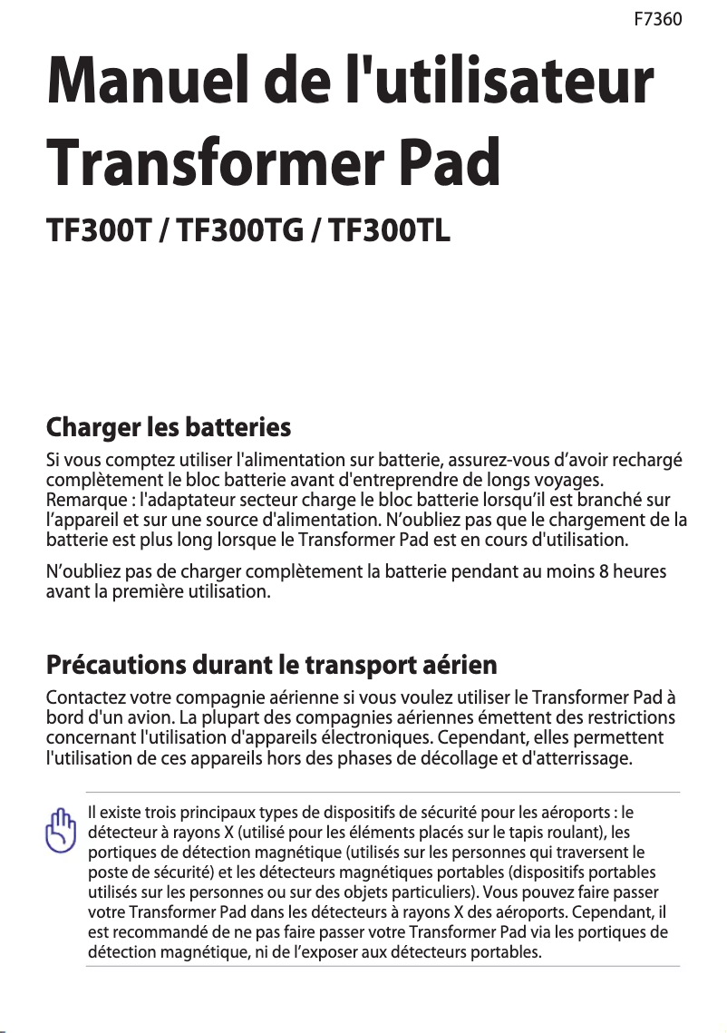 Page 1 de la notice Manuel utilisateur Asus Transformer Pad TF300TL