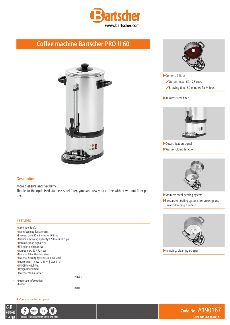 Page n°1 - Fiche technique Bartscher PRO II 60T