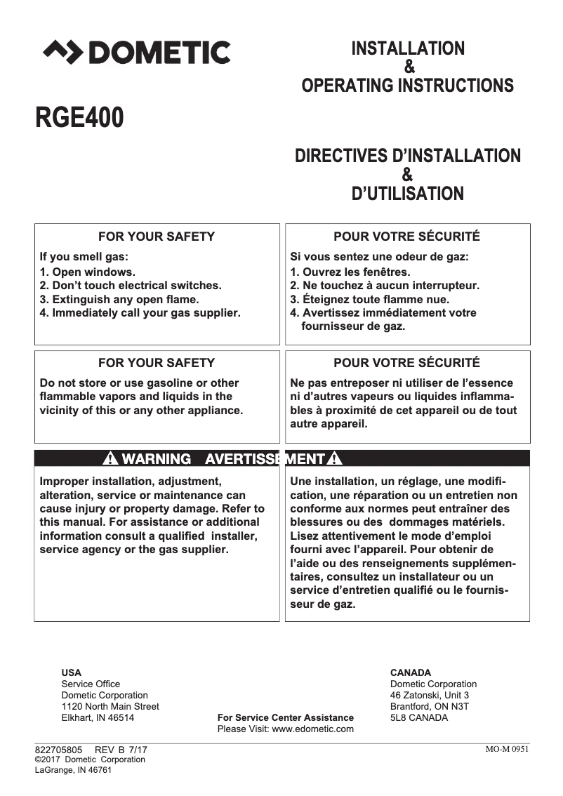 Page 1 de la notice Guide d'installation Dometic RGE 400