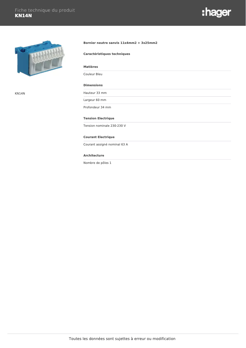 Page n°1 - Fiche technique Hager KN14N