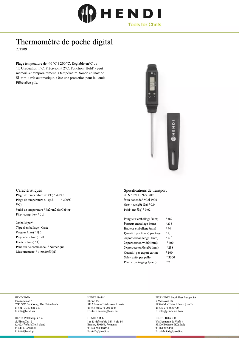 Page 1 de la notice Fiche technique Hendi 271209