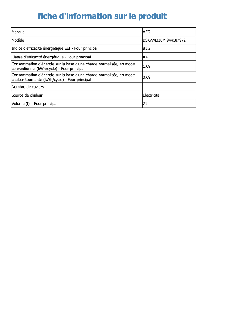 Page n°1 - Fiche technique AEG BSK774320M