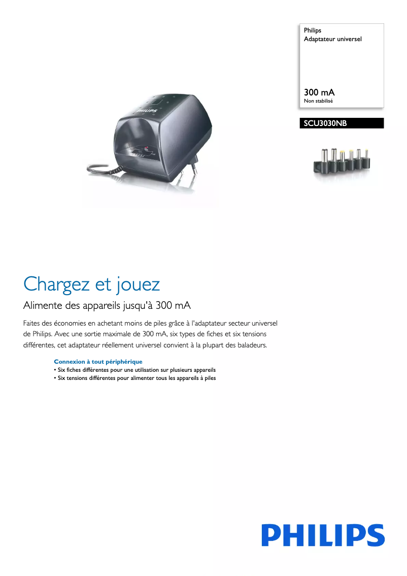 Page 1 de la notice Fiche technique Philips SCU3030NB
