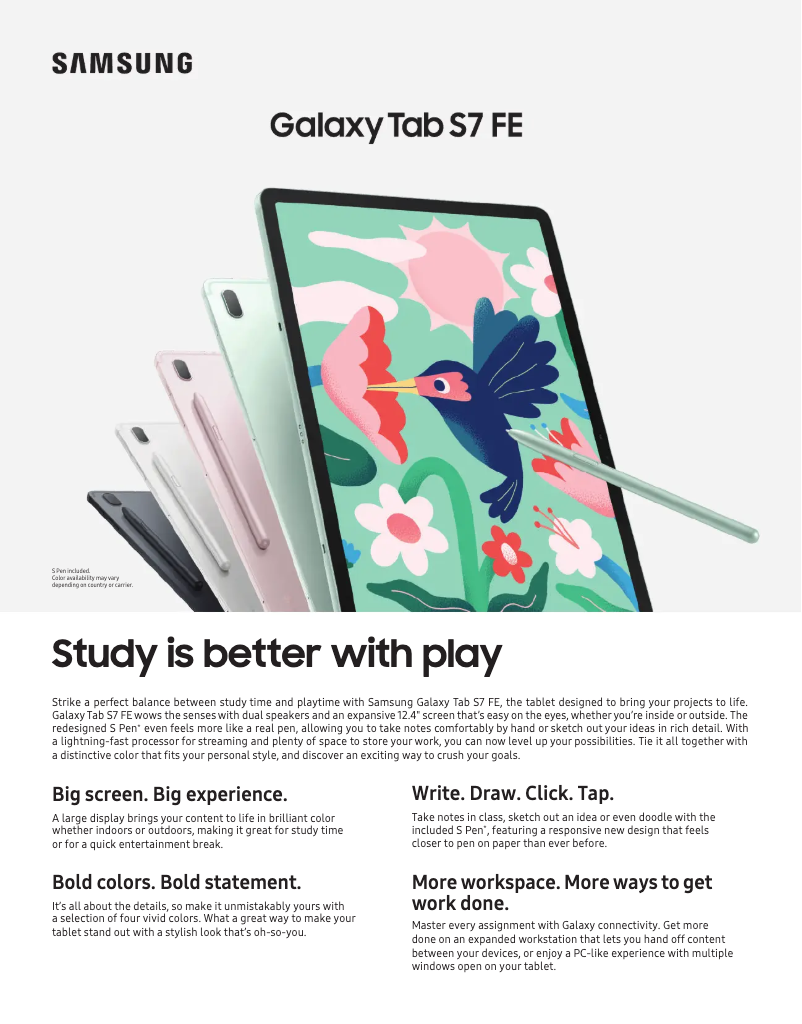 Page 1 de la notice Fiche technique Samsung Galaxy Tab S7
