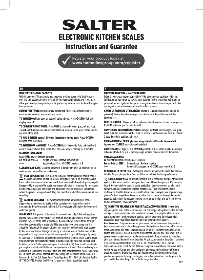 Page 1 de la notice Manuel utilisateur Salter 1079 WHDR