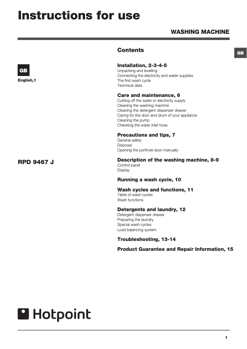 Page n°1 - Manuel utilisateur Hotpoint RPD 9467 JGG UK