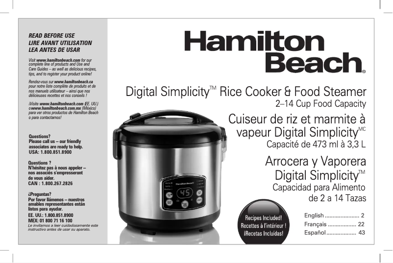Page 1 de la notice Manuel utilisateur Hamilton Beach Digital Simplicity 37548