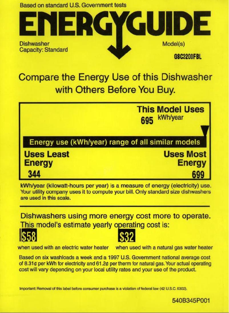 Page 1 de la notice Label énergétique GE GSC3200FBL