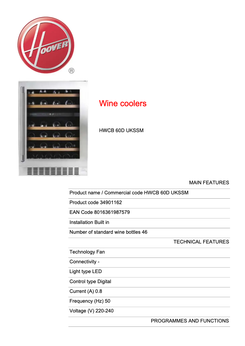 Page 1 de la notice Fiche technique Hoover HWCB 60D UKSSM