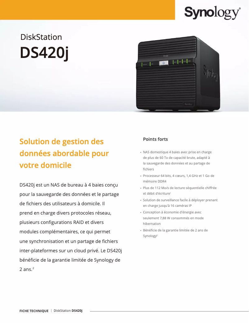 Page 1 de la notice Fiche technique Synology DiskStation DS420j