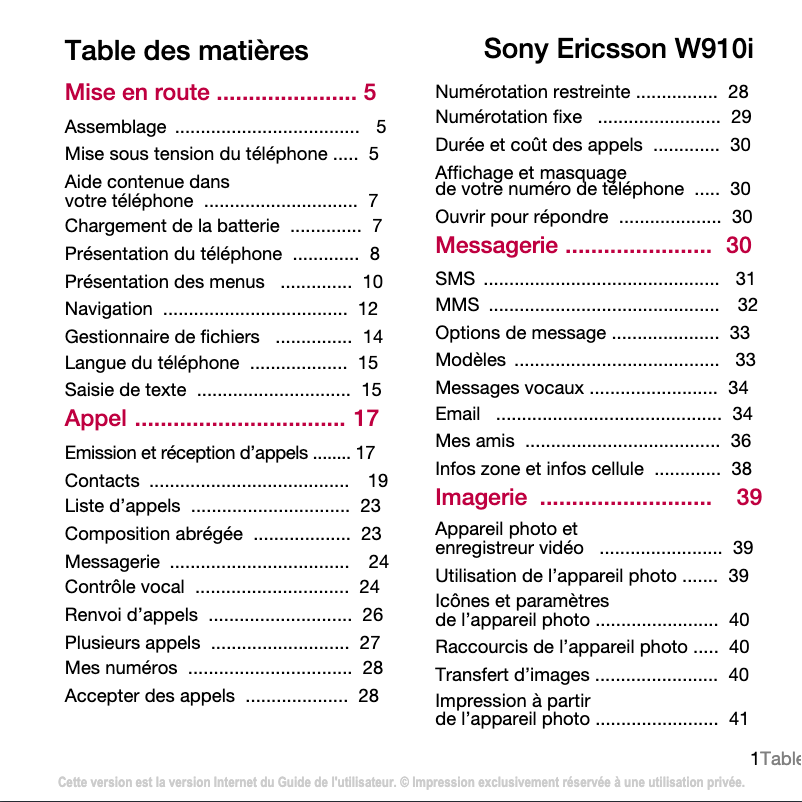 Page 1 de la notice Manuel utilisateur Sony Ericsson W910i