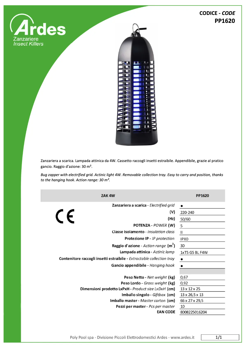 Page 1 de la notice Fiche technique Ardes PP1620