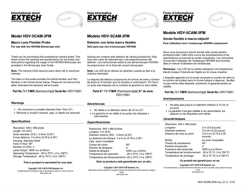 Page 1 de la notice Manuel utilisateur Extech HDV-5CAM-3FM