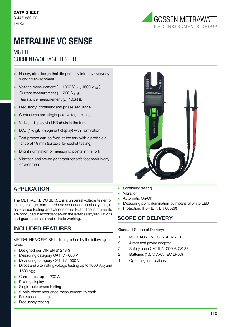 Page n°1 - Fiche technique Gossen Metrawatt METRALINE VC SENSE M611L