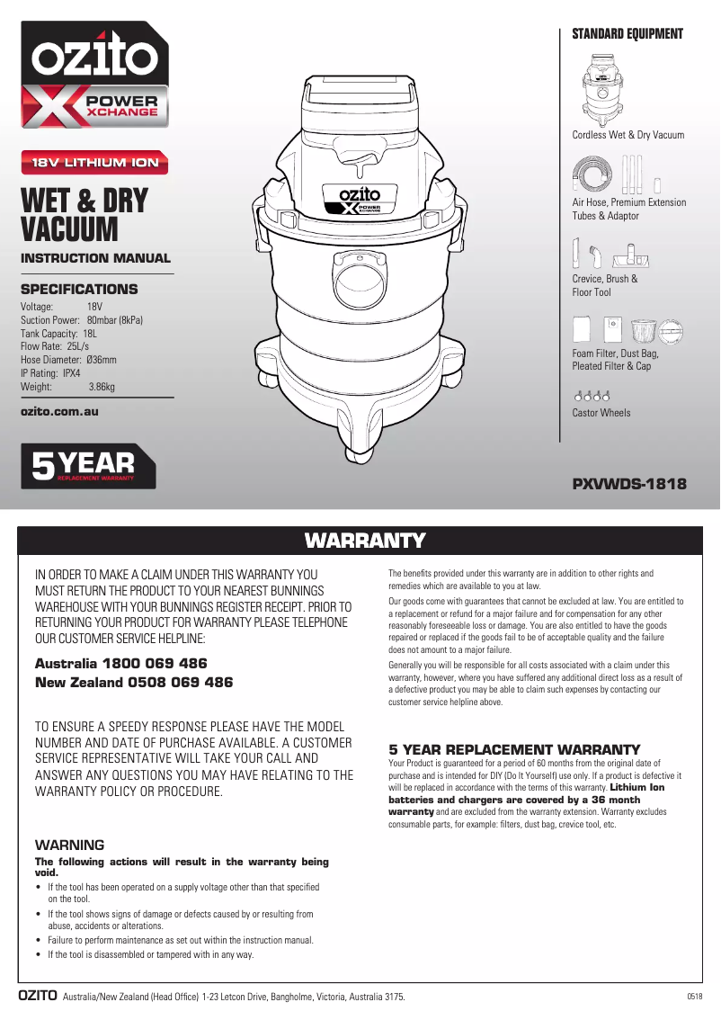 Page n°1 - Manuel utilisateur Ozito PXVWDS-1818
