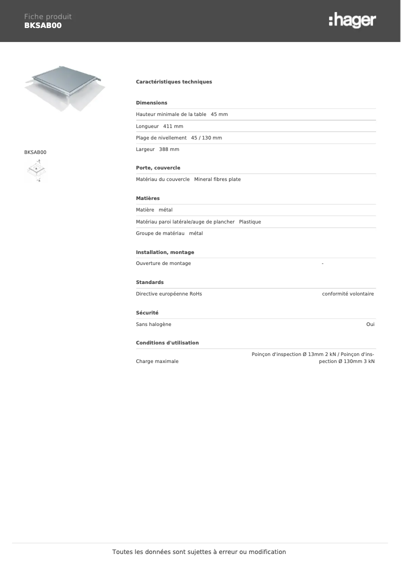 Page 1 de la notice Fiche technique Hager BKSAB00