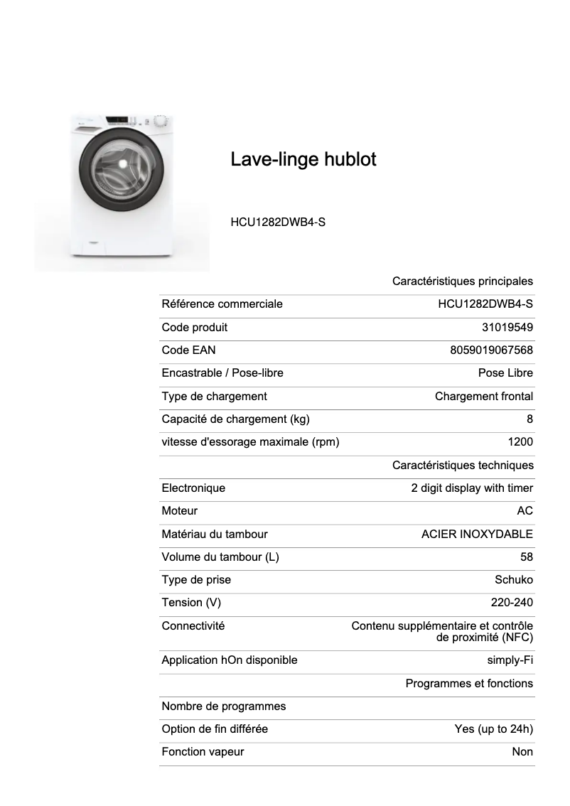 Page 1 de la notice Fiche technique Candy HCU1282DWB4-S