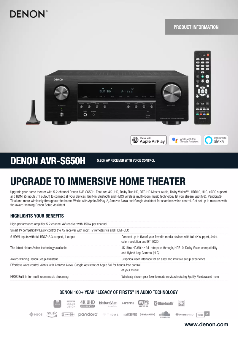 Página 1 del manual Ficha técnica Denon AVR-S650H-R