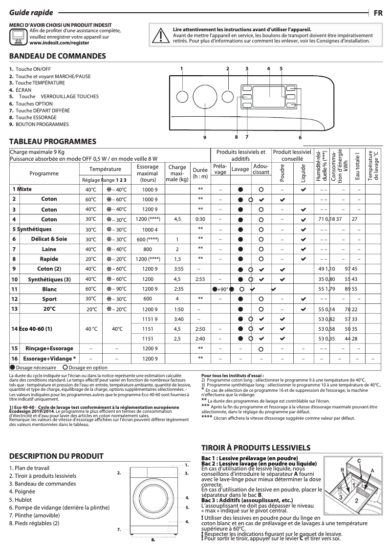 Page 1 de la notice Manuel utilisateur Indesit MTWE91295WFR