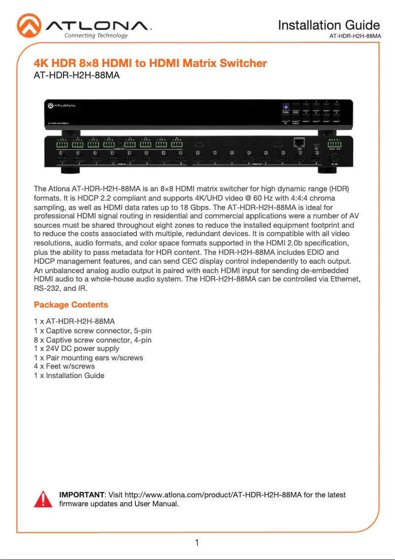 Page 1 de la notice Guide d'installation Atlona AT-HDR-H2H-88MA
