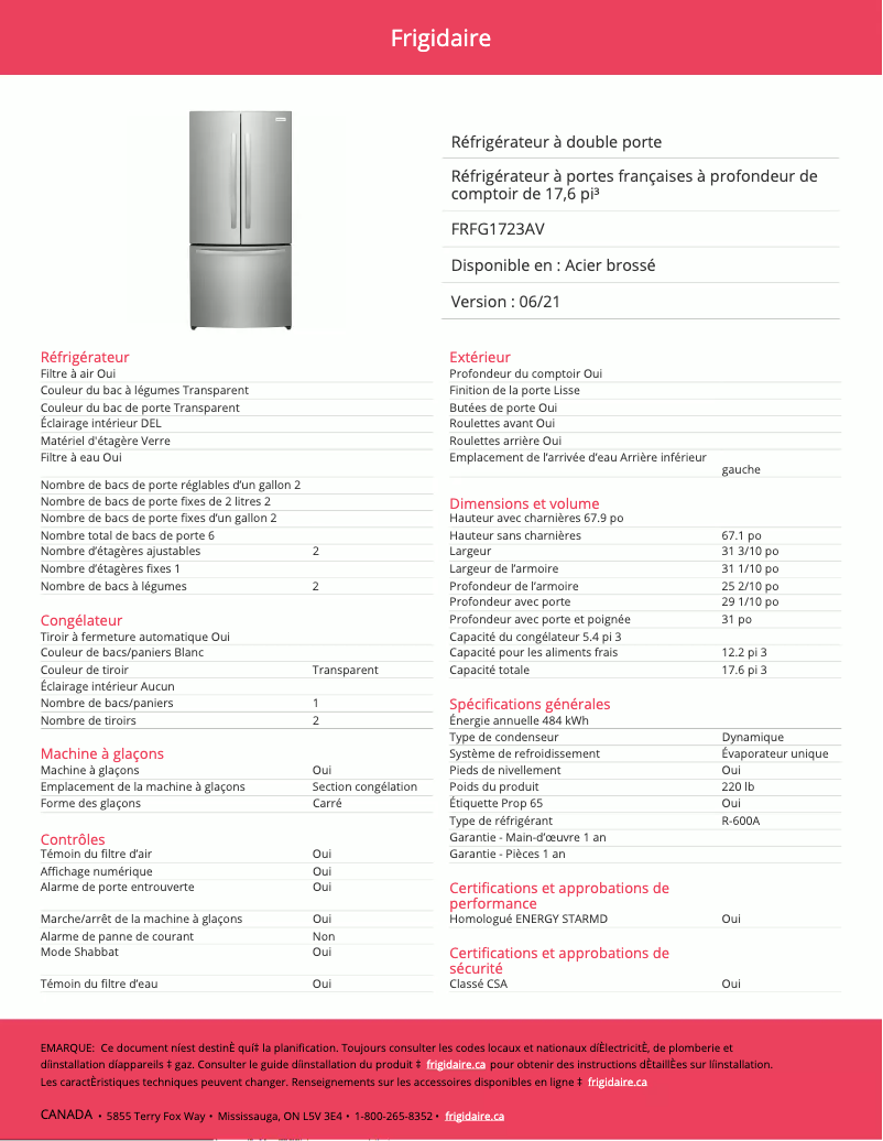 Page n°1 - Fiche technique Frigidaire FRFG1723AV