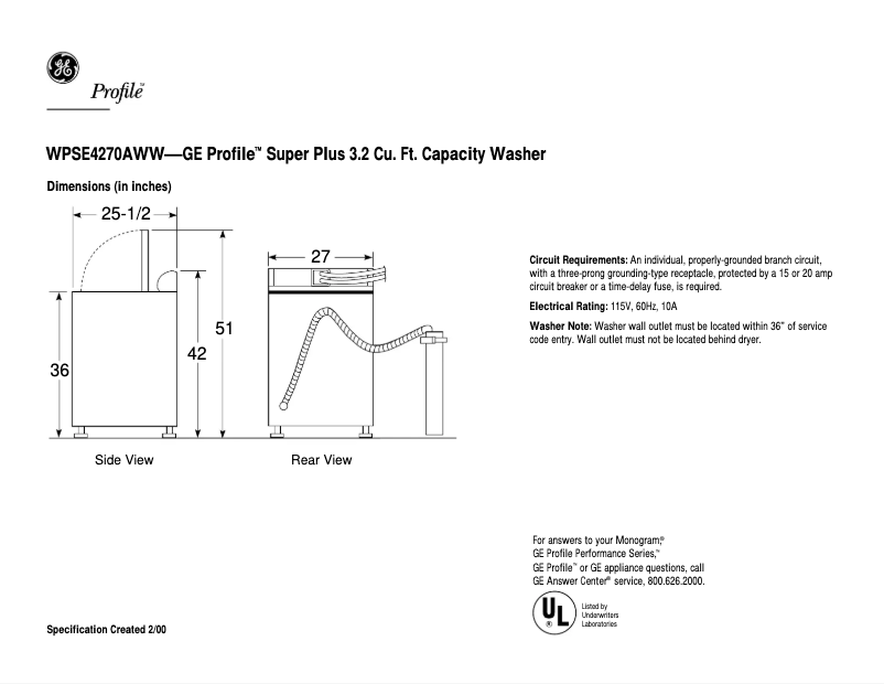 Page 1 de la notice Fiche technique GE Profile Prodigy WPSE4270AWW