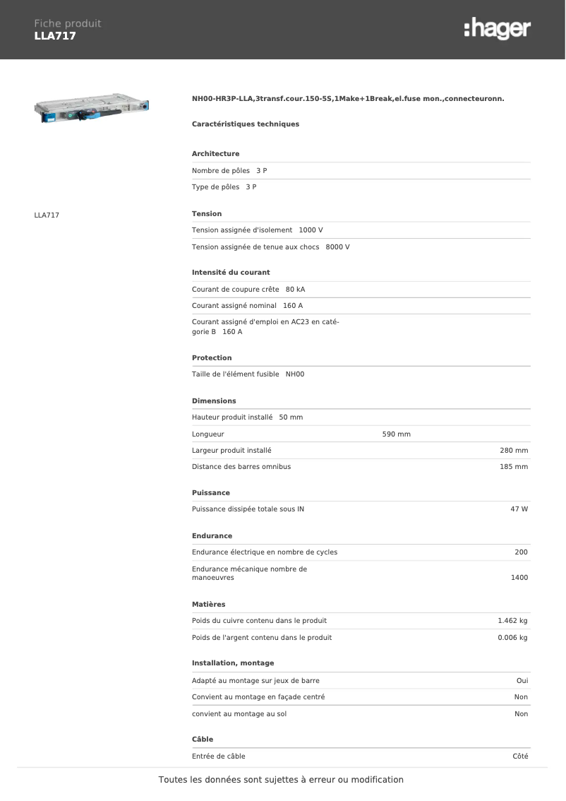 Page 1 de la notice Fiche technique Hager LLA717