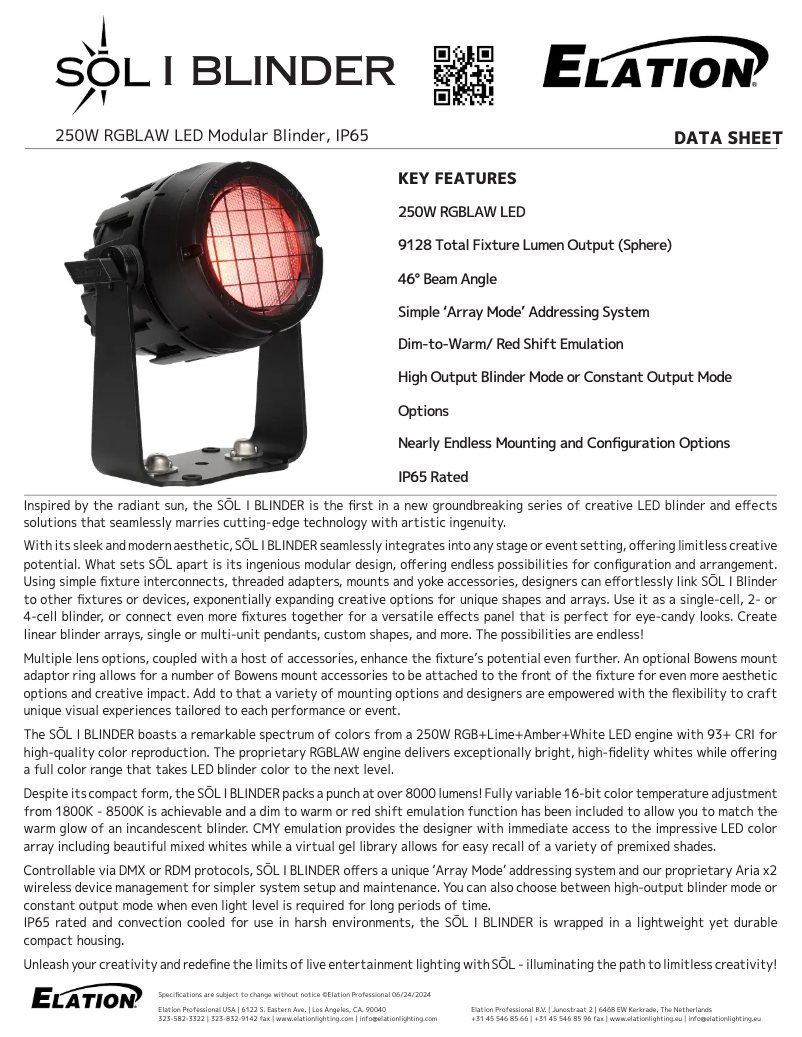 Page 1 de la notice Fiche technique Elation SŌL I BLINDER