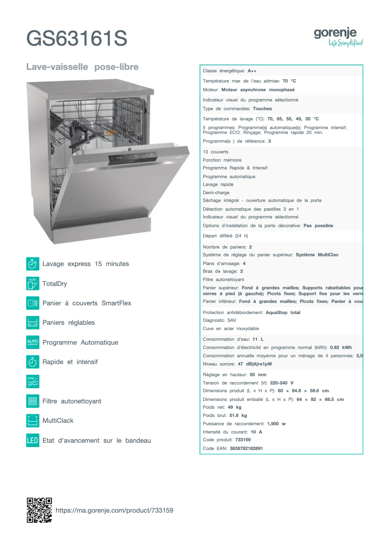 Page n°1 - Fiche technique Gorenje GS63161S
