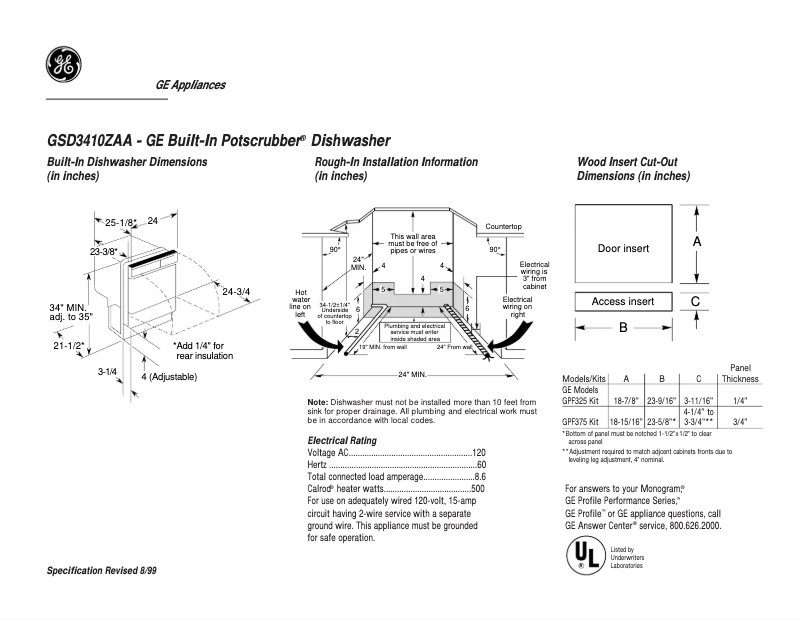 Page 1 of the manual Technical Sheet GE GSD3410ZAA