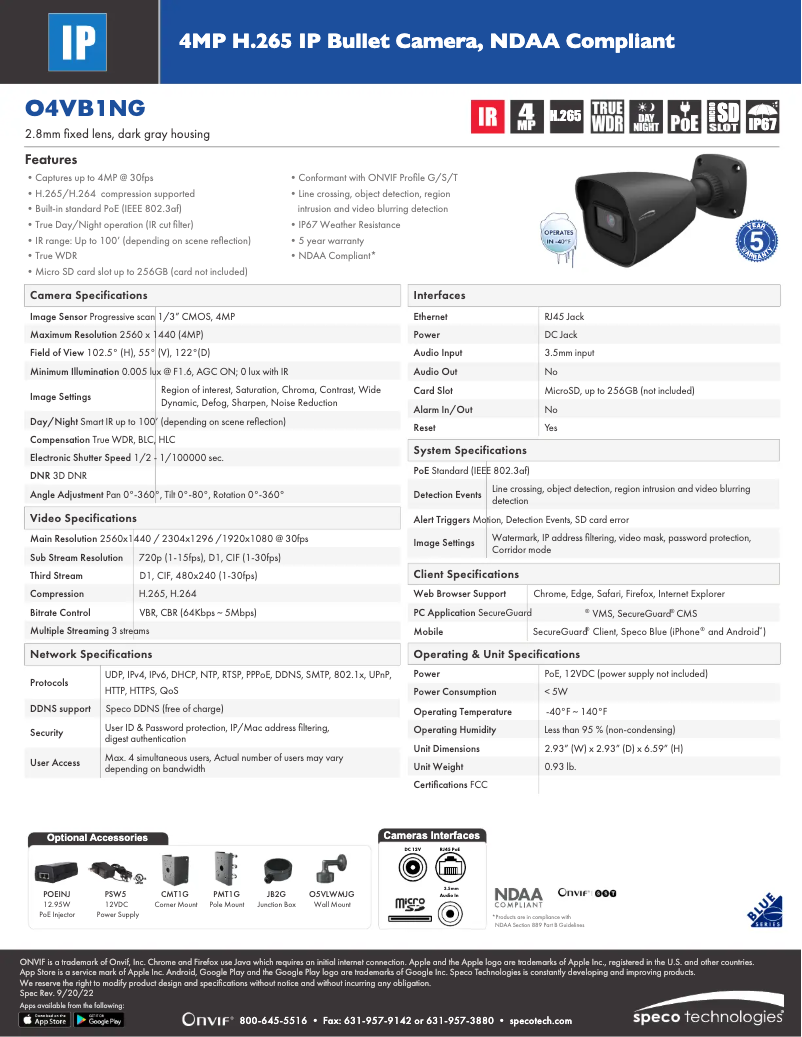 Page 1 de la notice Fiche technique Speco Technologies O4VB1NG