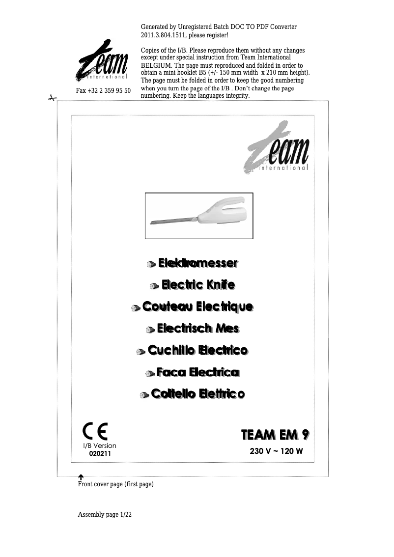 Page n°1 - Manuel utilisateur Team EM 9