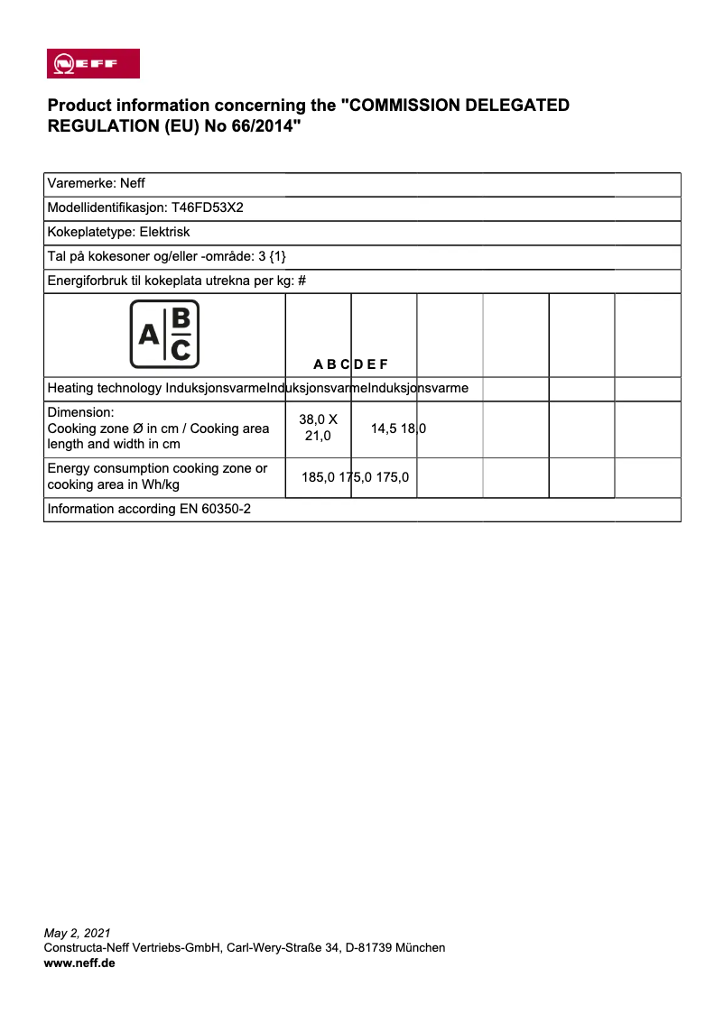 Page 1 de la notice Label énergétique Neff T46FD53X2