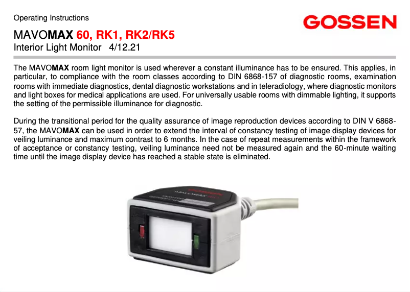 Page 1 de la notice Manuel utilisateur Gossen MAVOMAX RK2