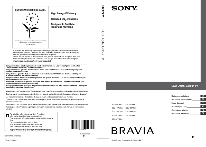 Page 1 de la notice Manuel utilisateur Sony Bravia KDL-40S5650E