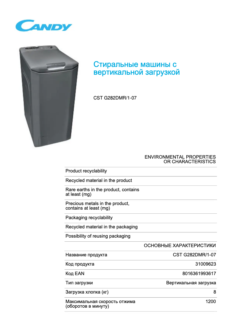 Page 1 de la notice Fiche technique Candy CST G282DMR/1-07