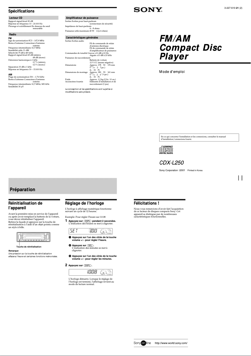 Page 1 de la notice Manuel utilisateur Sony CDX-L250