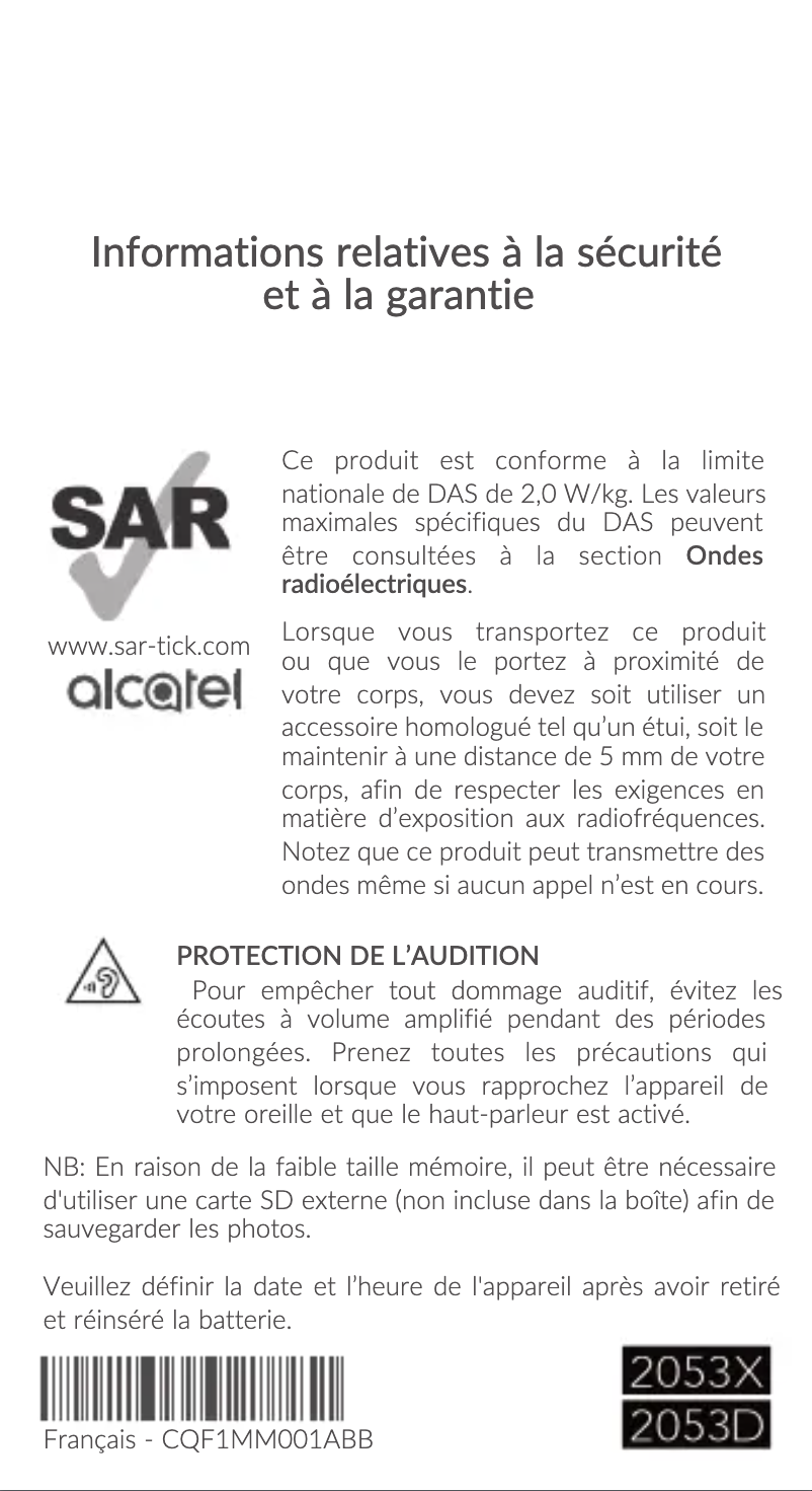 Page 1 de la notice Instructions de sécurité Alcatel 2053