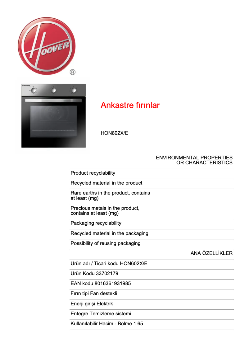 Page n°1 - Fiche technique Hoover HON602X/E