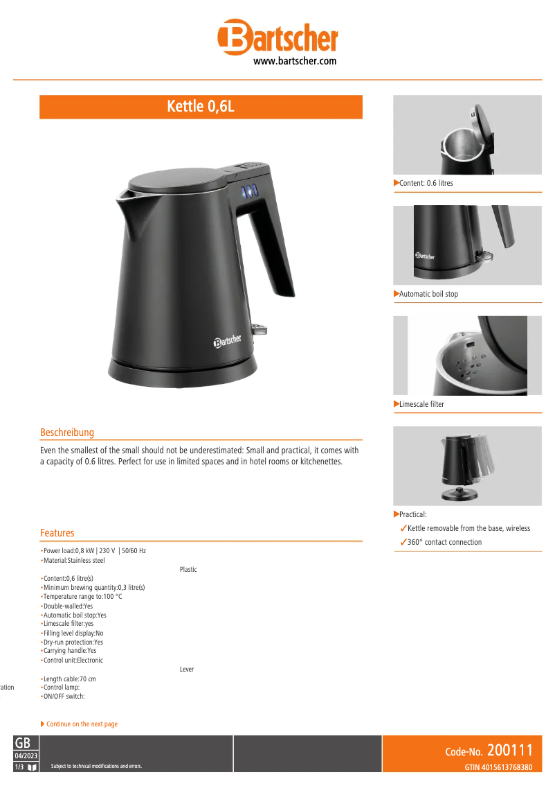 Page n°1 - Fiche technique Bartscher 200111