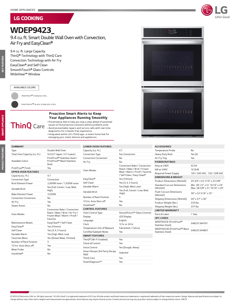 Página 1 del manual Ficha técnica LG WDEP9423F