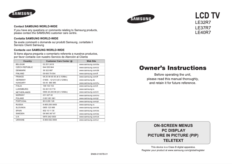 Page 1 de la notice Manuel utilisateur Samsung LE37R74BD