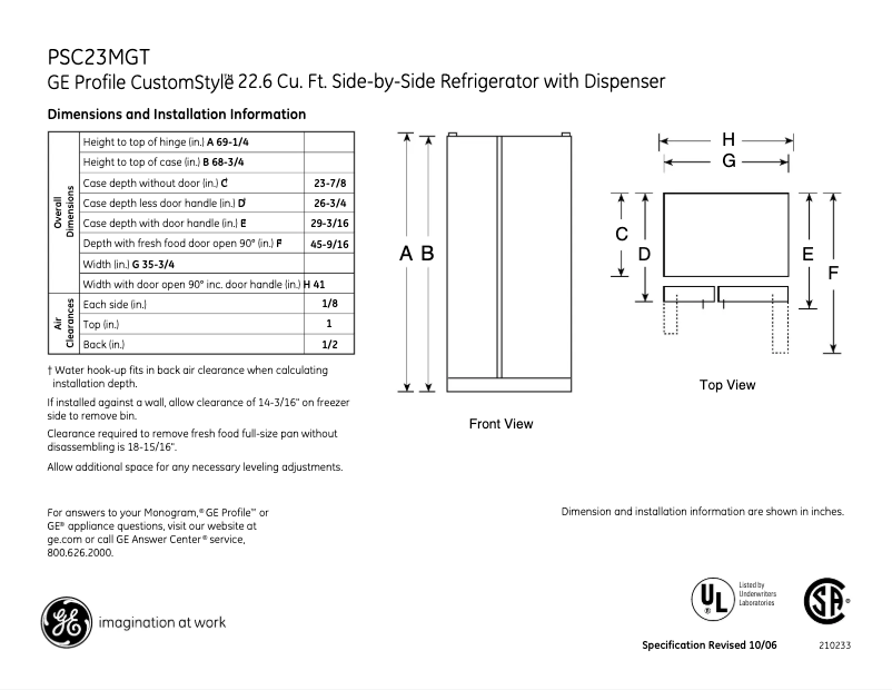 Page 1 de la notice Fiche technique GE PSC23MGTBB