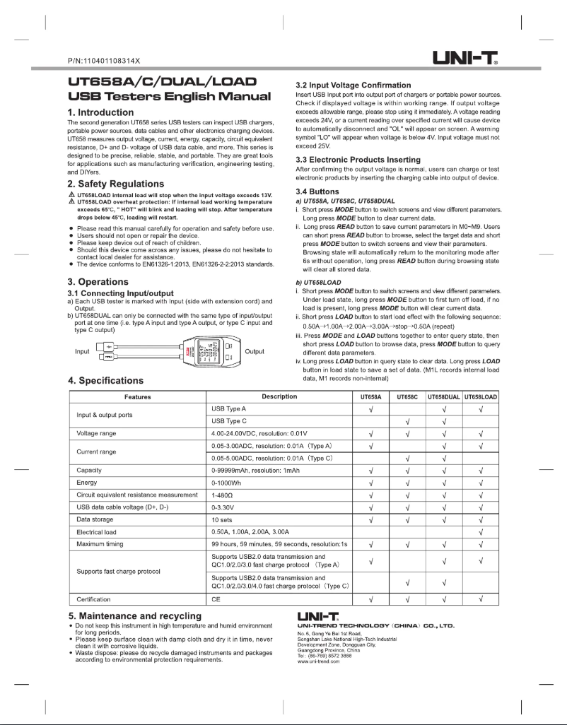 Page 1 of the manual User Manual Uni-T UT658LOAD