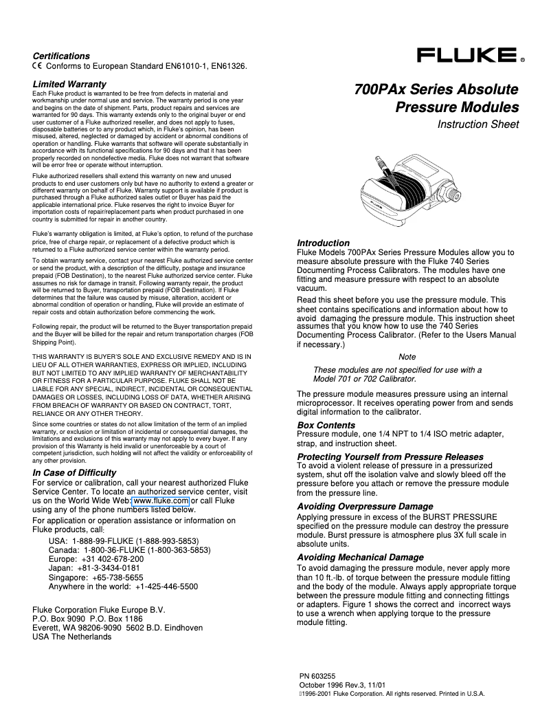 Page n°1 - Instructions / montage Fluke 700PA6